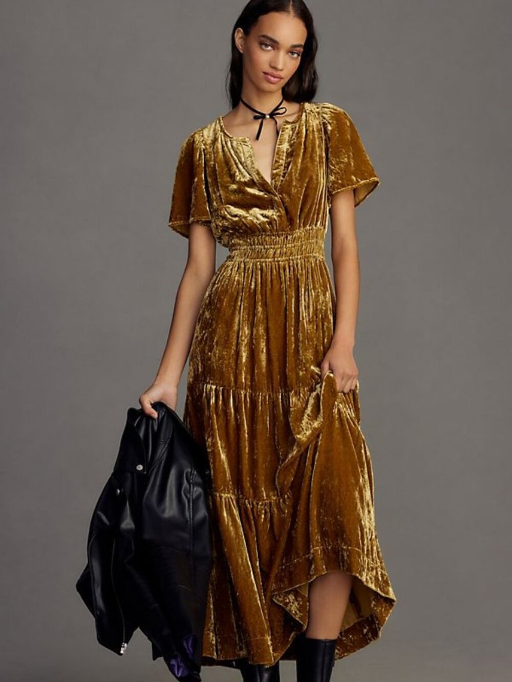 New Anthropologie The Somerset Maxi Dress: Velvet Edition Gold